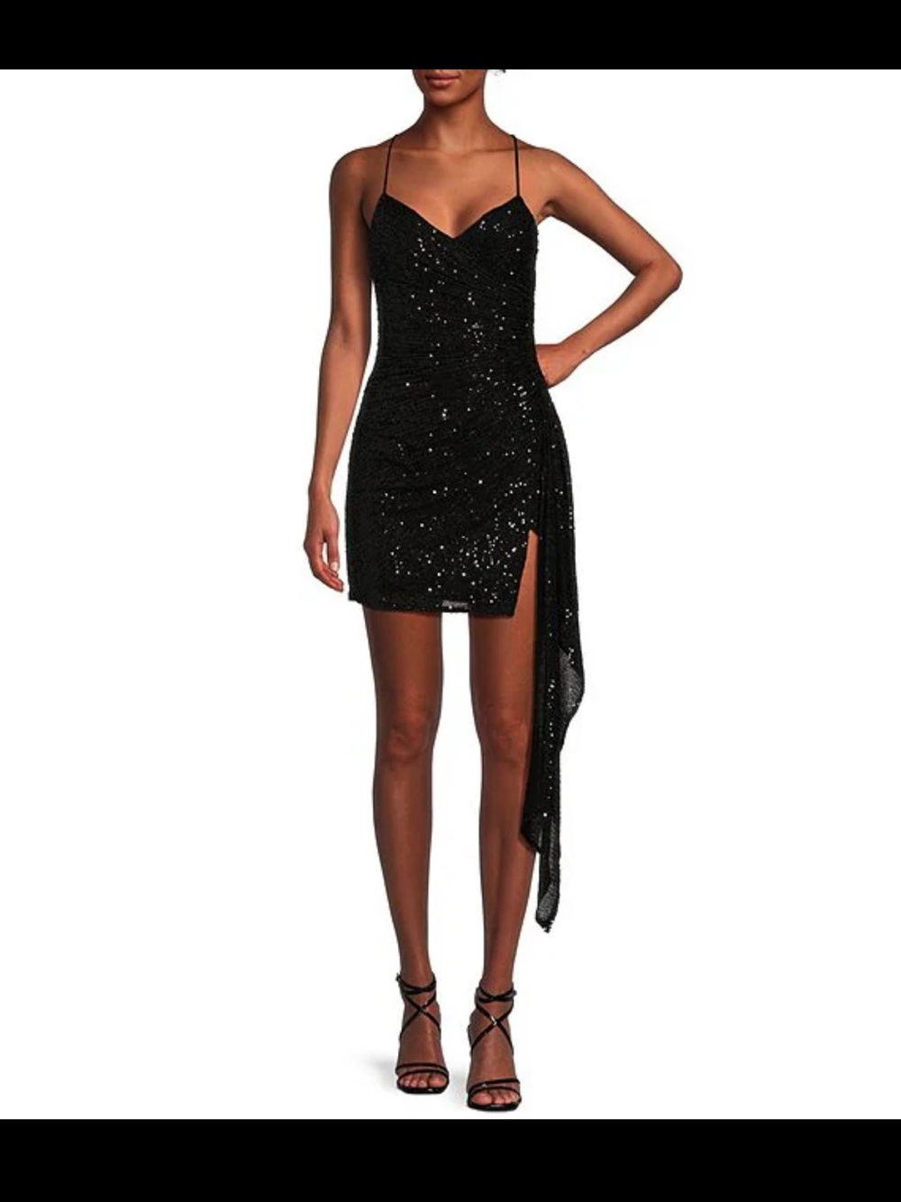 Black Sequin Side-Drape Mini Dress with Spaghetti Straps